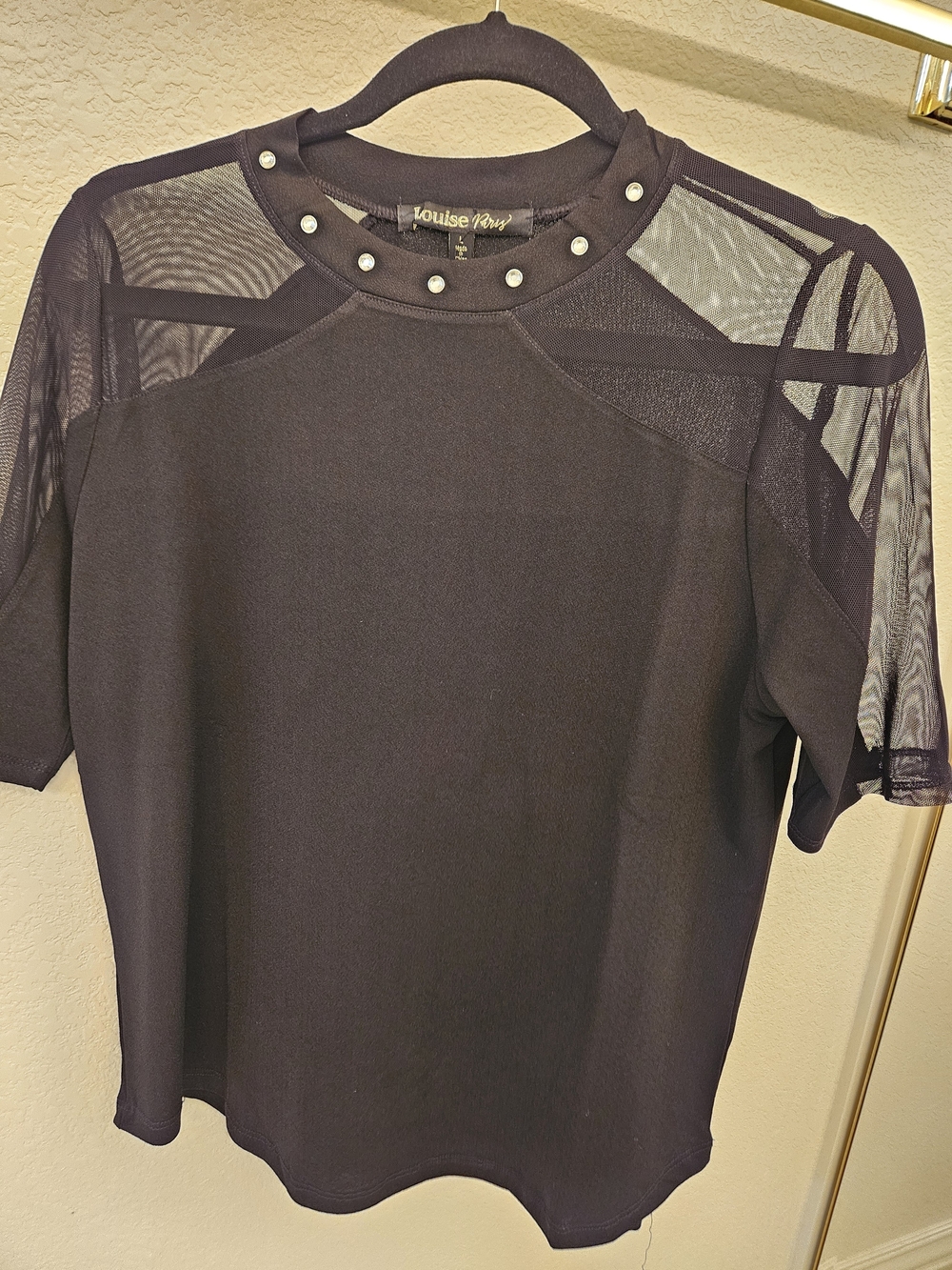 Louise Paris Black Short Sleeve Top with Mesh Yoke and Stud Detail
